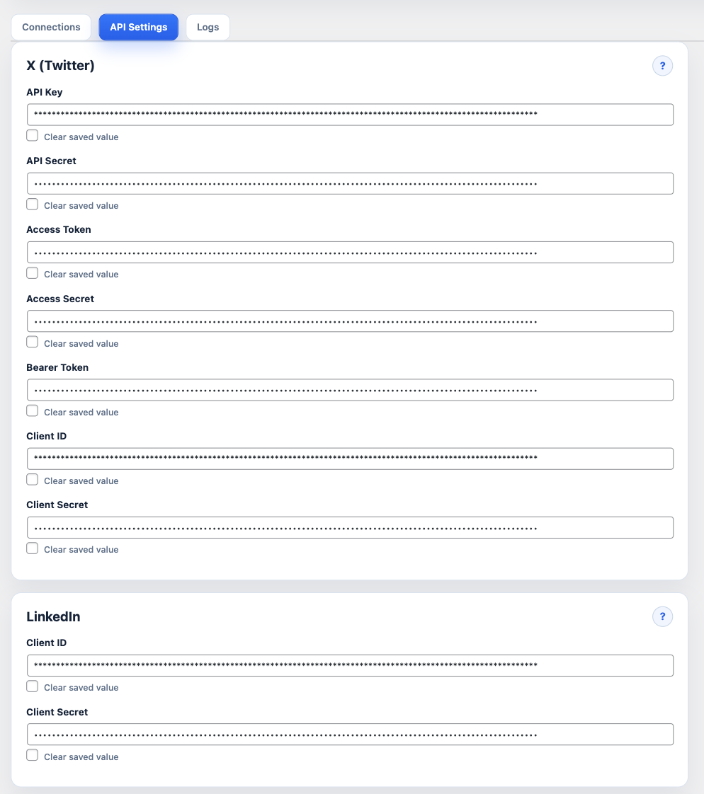 API Settings tab for X and LinkedIn credentials