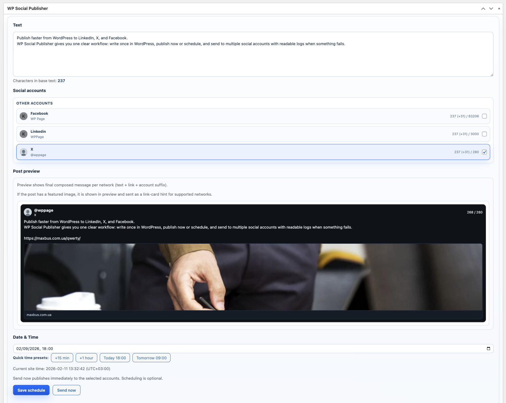 WordPress editor metabox with social preview and send controls